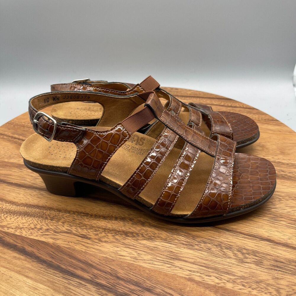 SAS Allegro Sandals Womens Size 10 WW Cognac Croc Embossed Slingback Heeled